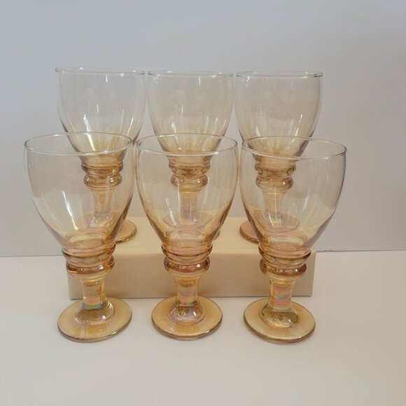 Set Of 6 Vintage Libbey Splash Amber Iridescent Glass Goblets With Ribbed Stem - Picture 2 of 8